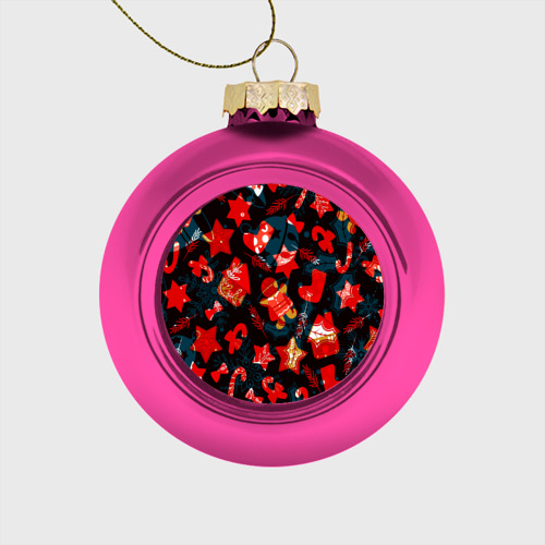 Стеклянный ёлочный шар Рождественские узоры красные , цвет розовый