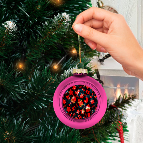 Стеклянный ёлочный шар Рождественские узоры красные , цвет розовый - фото 3