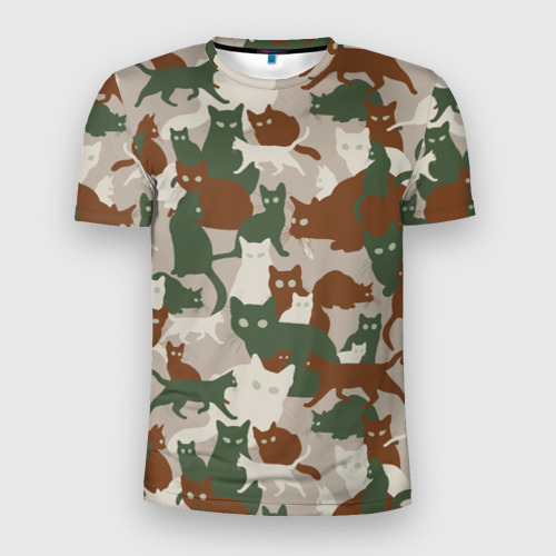 Мужская футболка 3D Slim с принтом Кошки - камуфляж, вид спереди #2