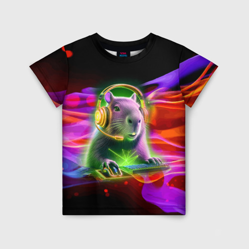 Детская футболка 3D с принтом Capybara is an avid gamer, вид спереди #2