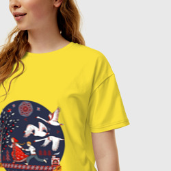 Женская футболка хлопок Oversize Сказка Гуси - лебеди в стиле мезенской росписи - фото 2