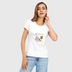 Женская футболка хлопок Slim Велоцараптор юмор кот велосипед - фото 2