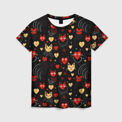 Женская футболка 3D Паттерн с сердечками и котами валентинка
