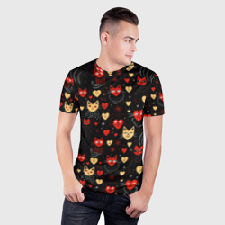 Мужская футболка 3D Slim Паттерн с сердечками и котами валентинка - фото 2