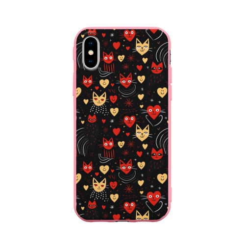 Чехол для iPhone X матовый с принтом Паттерн с сердечками и котами валентинка, вид спереди #2