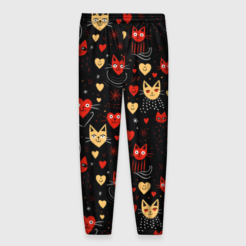 Мужские брюки 3D с принтом Паттерн с сердечками и котами валентинка, вид сзади #1