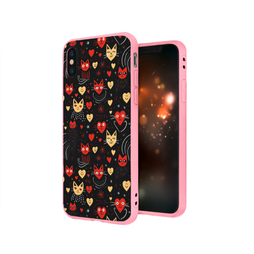 Чехол для iPhone X матовый с принтом Паттерн с сердечками и котами валентинка, вид сбоку #3