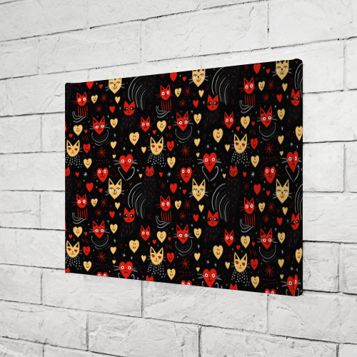 Холст прямоугольный Паттерн с сердечками и котами валентинка, цвет 3D печать - фото 3