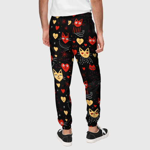 Мужские брюки 3D с принтом Паттерн с сердечками и котами валентинка, вид сзади #2