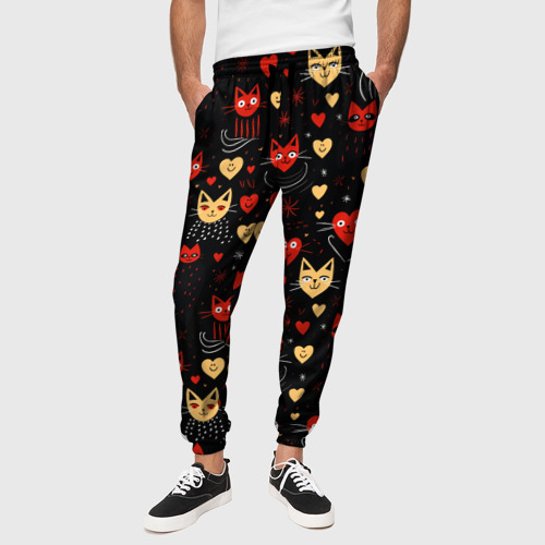 Мужские брюки 3D с принтом Паттерн с сердечками и котами валентинка, вид сбоку #3