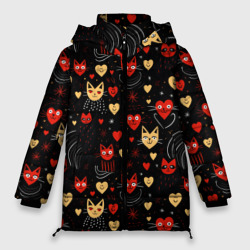 Женская зимняя куртка Oversize Паттерн с сердечками и котами валентинка