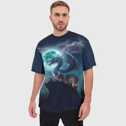 Мужская футболка oversize 3D Дракон на скале на фоне луны - фото 2