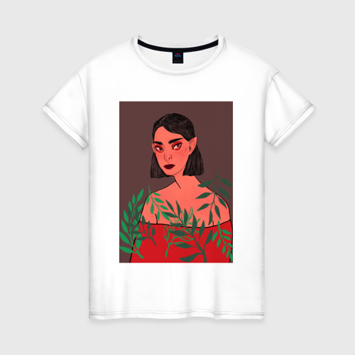 Женская футболка из хлопка с принтом Эльфийка в листьях, вид спереди №1