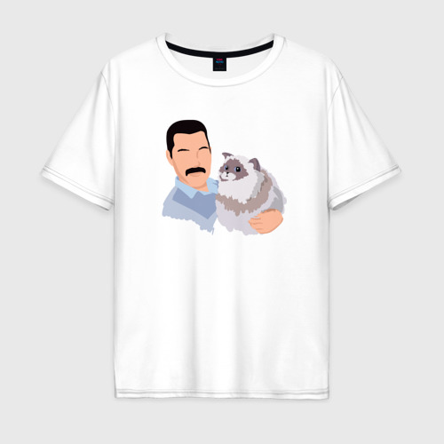 Мужская футболка оверсайз из хлопка с принтом Фредди с котиком, вид спереди №1