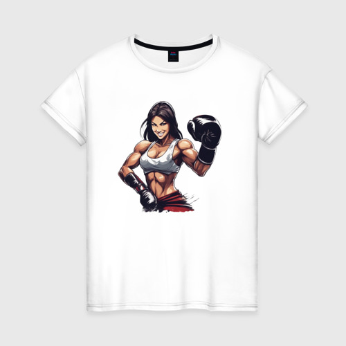 Женская футболка из хлопка с принтом Девушки и бокс, вид спереди №1