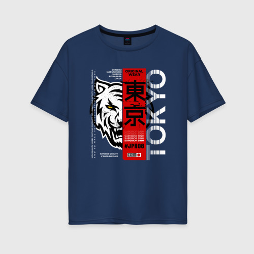 Женская футболка оверсайз из хлопка с принтом Тигр Япония иероглифы, вид спереди №1