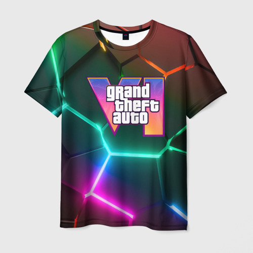 Мужская футболка 3D GTA 6 лого на фоне разлома разноцветных плит, цвет 3D печать