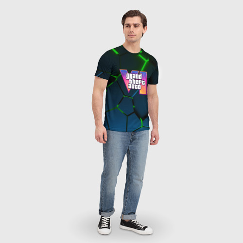 Мужская футболка 3D GTA 6 лого на фоне разлома зеленых плит, цвет 3D печать - фото 5