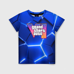 Детская футболка 3D GTA 6 лого на фоне разлома синих плит