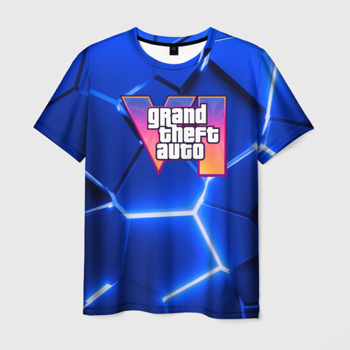 Мужская футболка 3D GTA 6 лого на фоне разлома синих плит, цвет 3D печать
