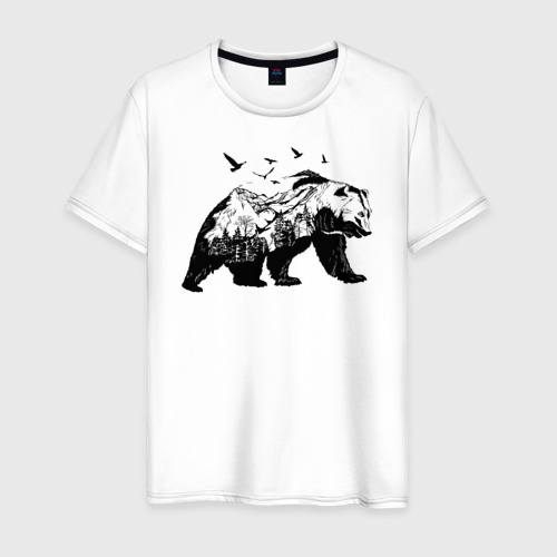 Мужская футболка из хлопка с принтом Силуэт тайги в медведе, вид спереди №1