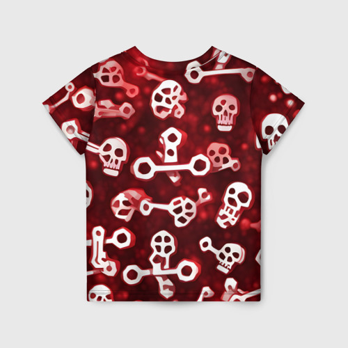 Детская футболка 3D с принтом Белые черепки и кости на красном фоне, вид сзади #1