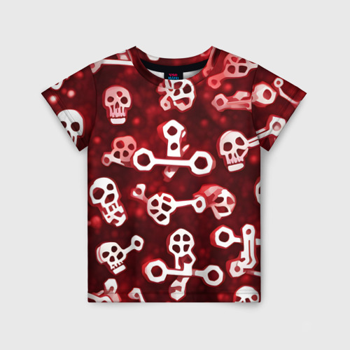 Детская футболка 3D с принтом Белые черепки и кости на красном фоне, вид спереди #2