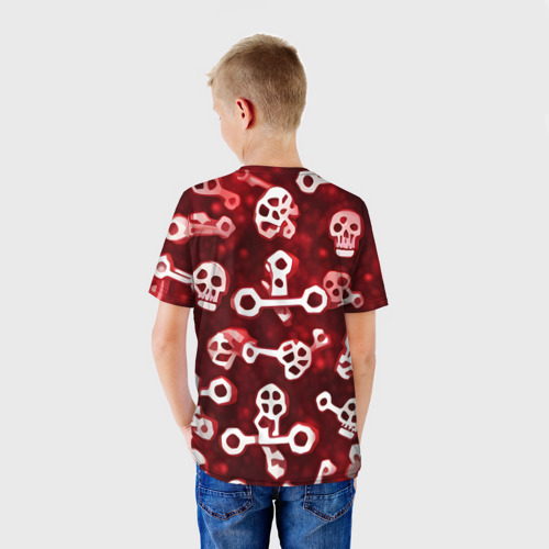 Детская футболка 3D с принтом Белые черепки и кости на красном фоне, вид сзади #2