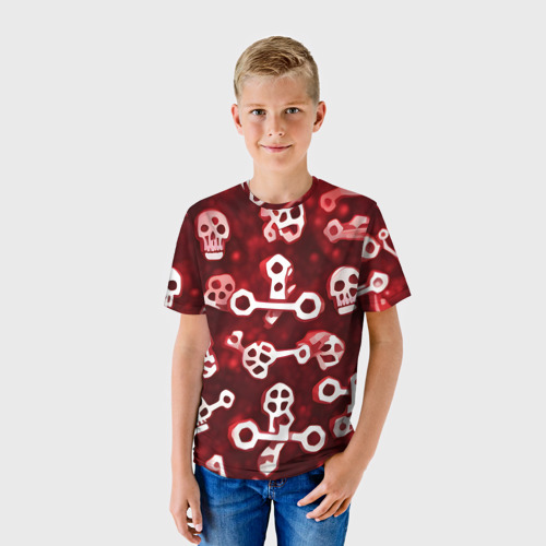 Детская футболка 3D с принтом Белые черепки и кости на красном фоне, фото на моделе #1
