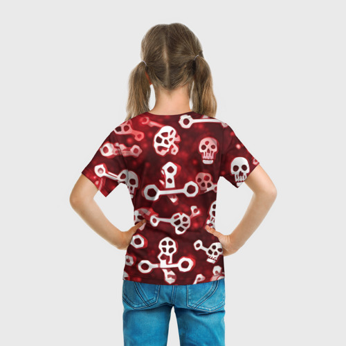 Детская футболка 3D с принтом Белые черепки и кости на красном фоне, вид сзади #2