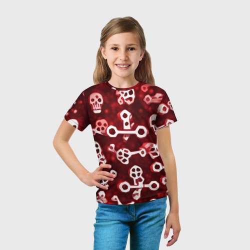 Детская футболка 3D с принтом Белые черепки и кости на красном фоне, вид сбоку #3