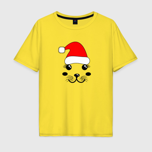Мужская футболка хлопок Oversize с принтом Мордочка тюленя в новогодней шапке, вид спереди #2