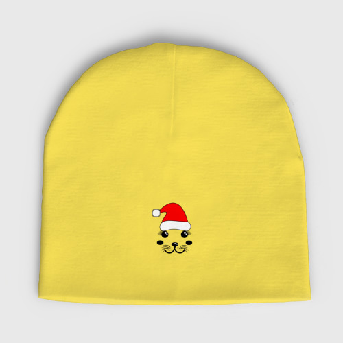 Женская шапка демисезонная Мордочка тюленя в новогодней шапке, цвет желтый