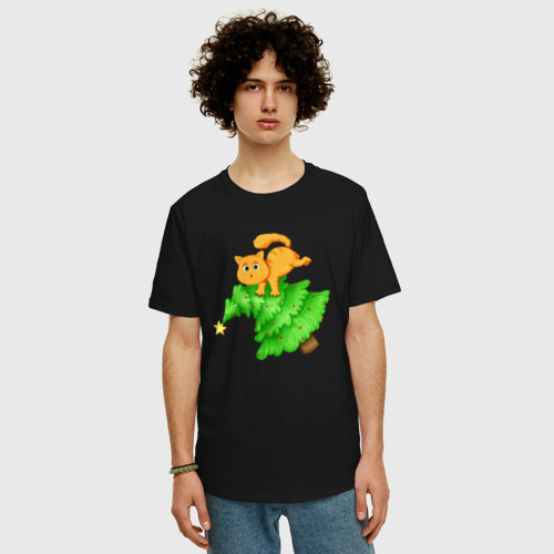 Мужская футболка хлопок Oversize Котик на ёлке, цвет черный - фото 3