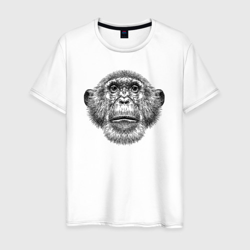 Мужская футболка из хлопка с принтом Шимпанзе смотрит вверх, вид спереди №1