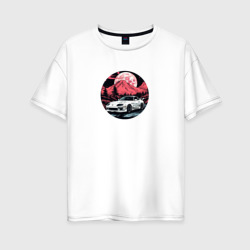Женская футболка хлопок Oversize Тойота Супра и алый горный закат