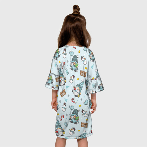 Детское платье 3D с принтом Новогодние гномики на синем фоне, вид сзади #2