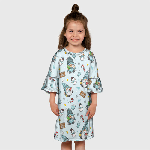 Детское платье 3D с принтом Новогодние гномики на синем фоне, вид сбоку #3