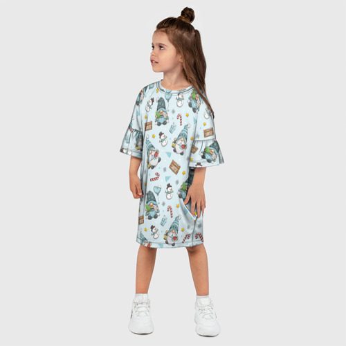 Детское платье 3D с принтом Новогодние гномики на синем фоне, фото на моделе #1