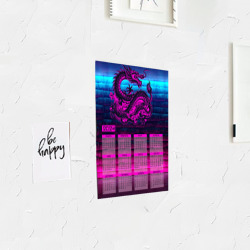 Постер с принтом Календарь дракон на неоновом фоне для любого человека, вид спереди №3. Цвет основы: белый