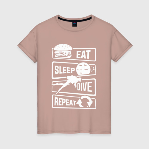 Женская футболка хлопок с принтом Еда сон дайвинг, вид спереди #2