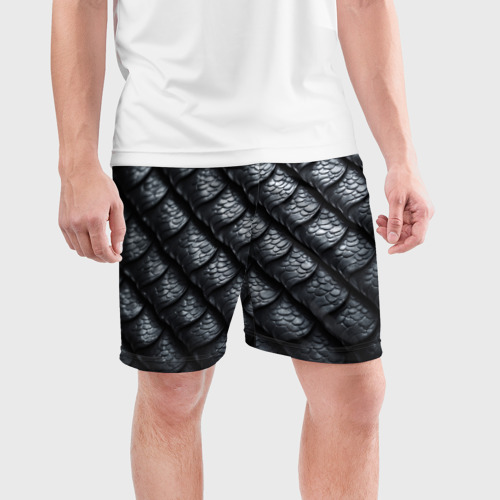 Мужские шорты спортивные с принтом Чёрная чешуя дракона, фото на моделе #1