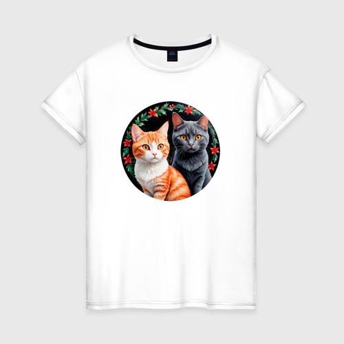 Женская футболка из хлопка с принтом Два кота ждут Новый Год, вид спереди №1