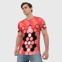Мужская футболка 3D Красная кибер броня hexagons - фото 2