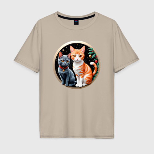 Мужская футболка хлопок Oversize Два котика ждут Новый Год, цвет миндальный