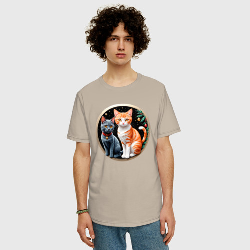 Мужская футболка хлопок Oversize Два котика ждут Новый Год, цвет миндальный - фото 3