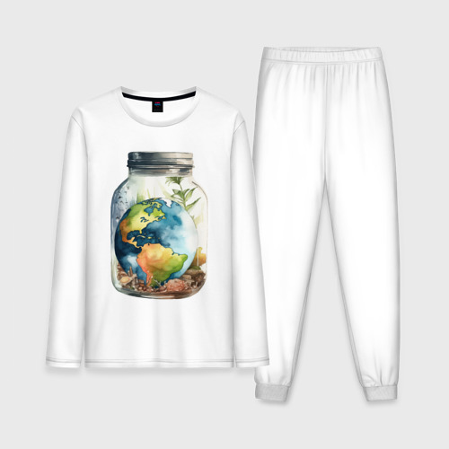 Мужская пижама с лонгсливом хлопок Мир в банке - Земля, цвет белый