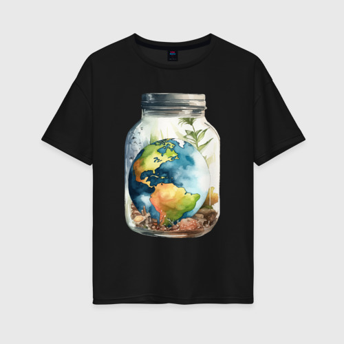 Женская футболка хлопок Oversize Мир в банке - Земля, цвет черный