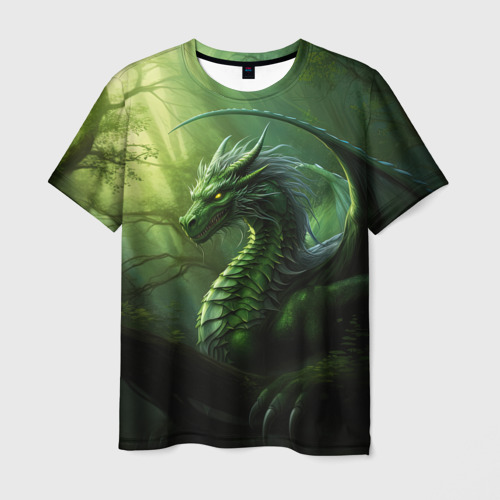 Мужская футболка с принтом Зеленый лесной дракон символ  2024  года, вид спереди №1
