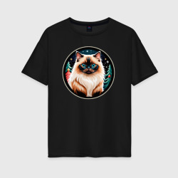 Женская футболка хлопок Oversize Гималайский кот ждет Новый Год